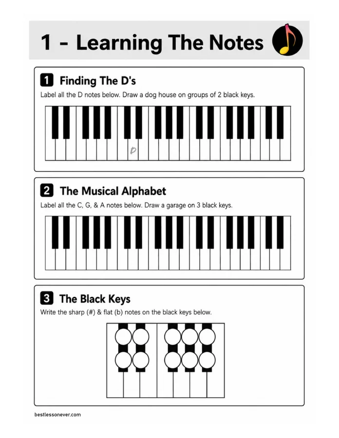 Preview of the Piano lesson one worksheet