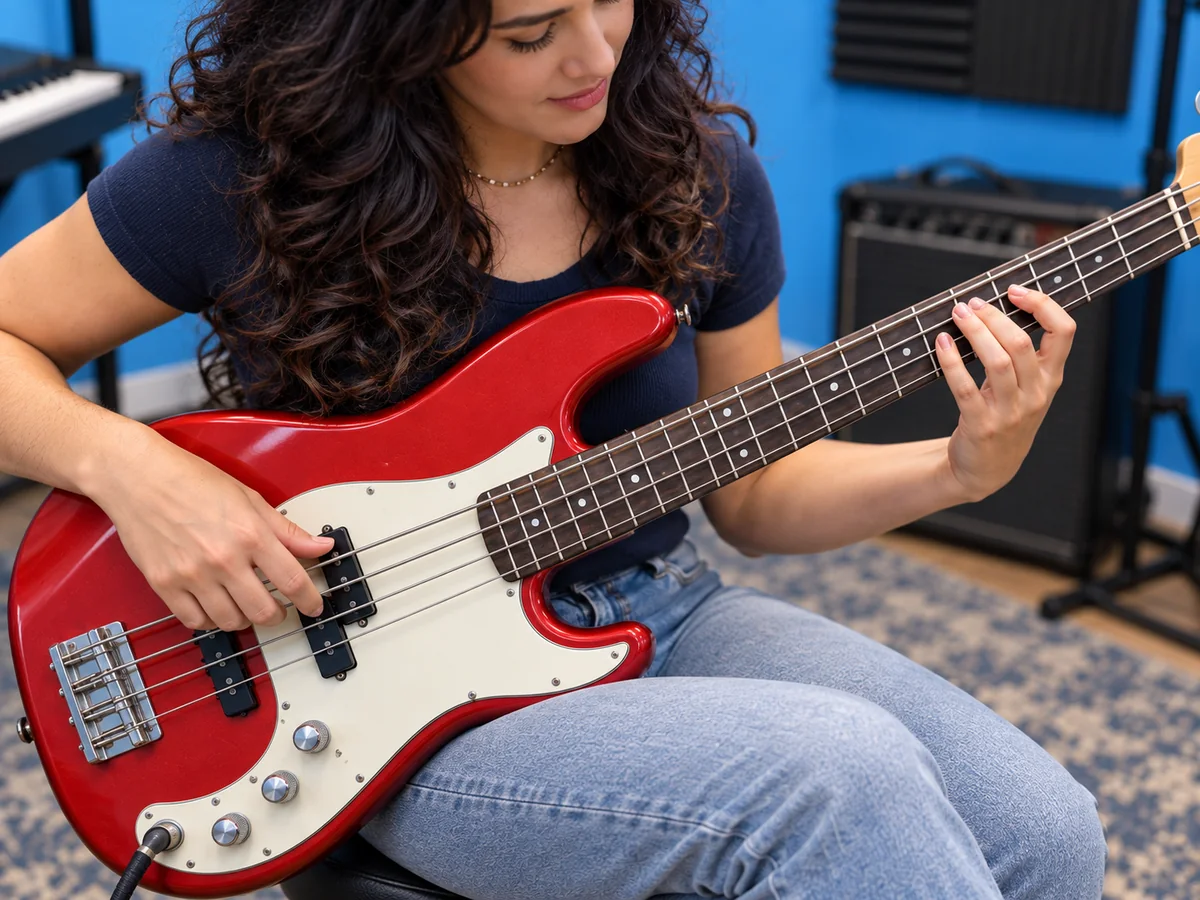 AI-generated detail of Marina fretting and plucking a four-string electric bass