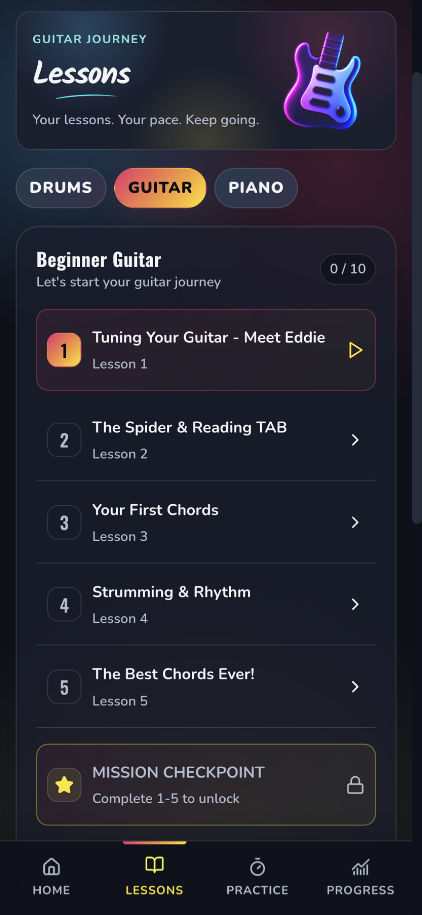 Practice Challenge mobile guitar curriculum showing beginner lessons and a Mission Checkpoint