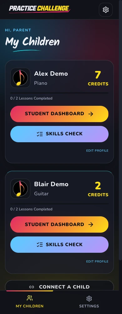 Practice Challenge My Children mobile screen showing two demo students, lesson progress, credits and Skills Check buttons