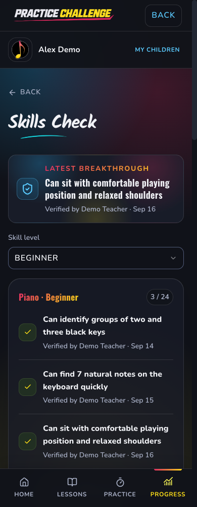A teacher-verified piano breakthrough on Alex Demo’s Skills Checklist