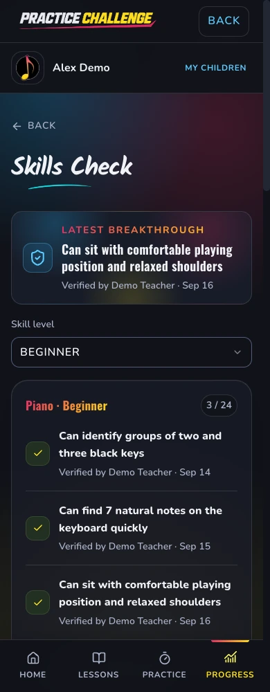 Practice Challenge mobile Skills Check showing a demo student's latest breakthrough and teacher-verified piano skills
