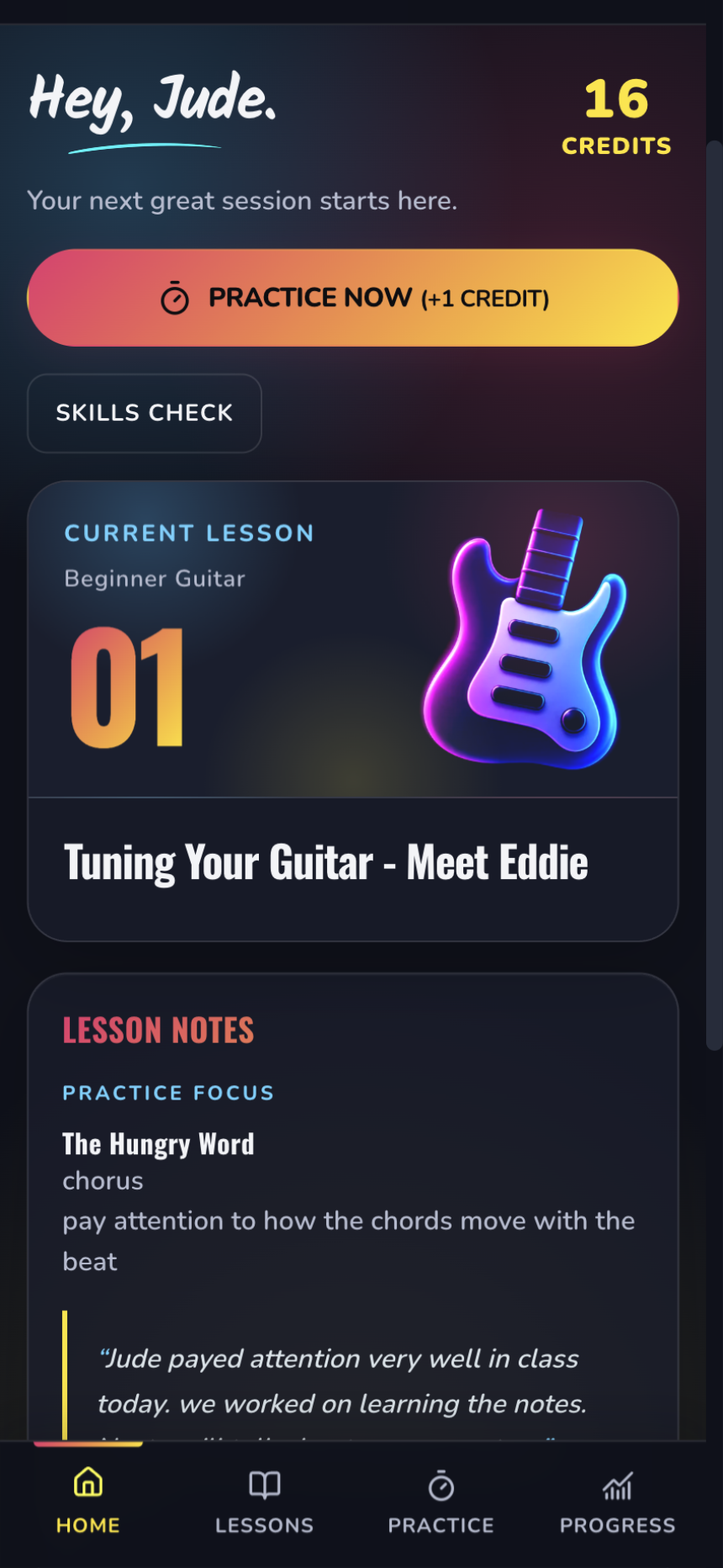 Practice Challenge student dashboard with practice credits, current guitar lesson and teacher lesson notes